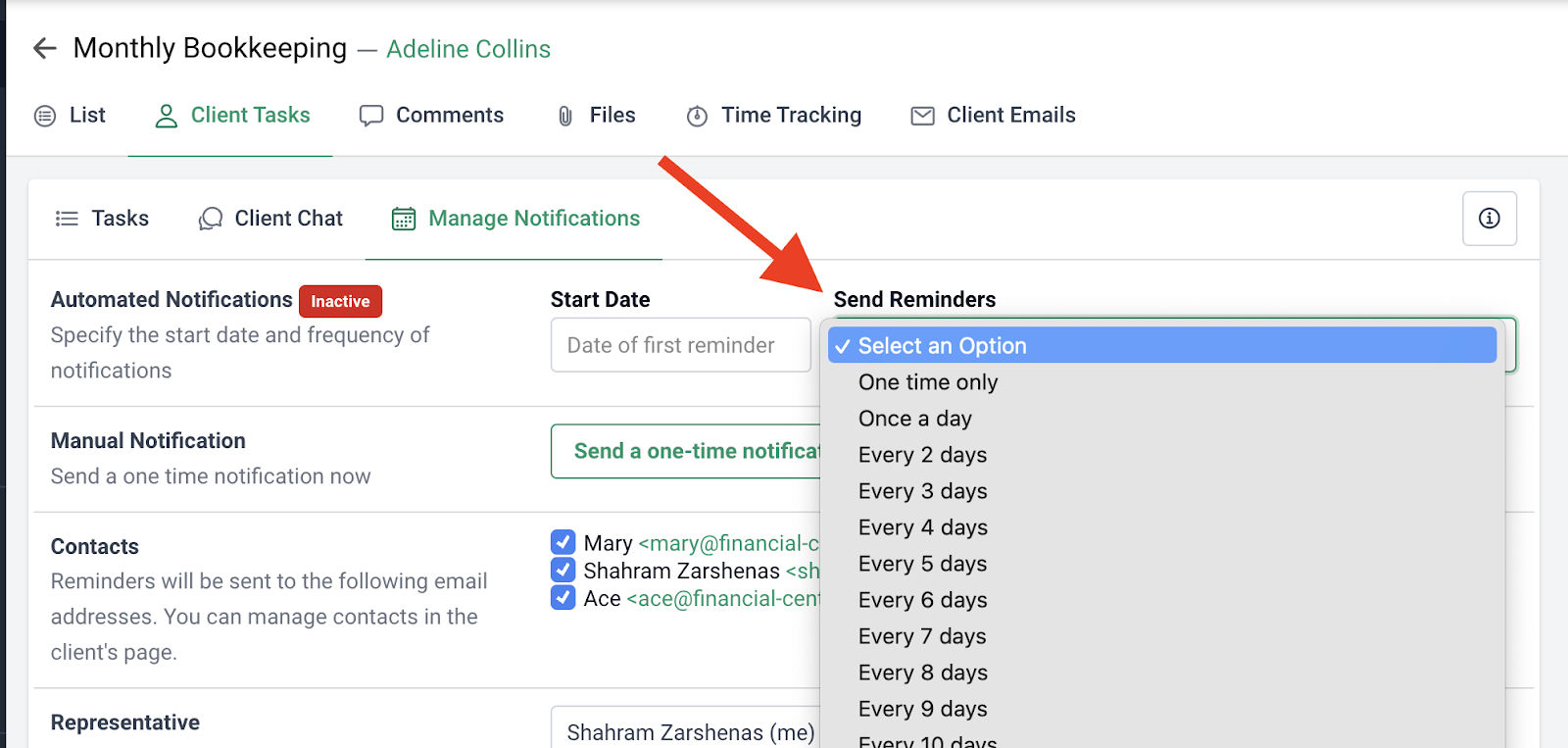 select intervals to send automated reminders to clients for tasks