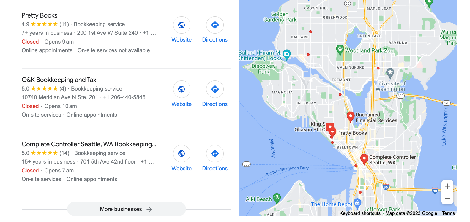 how to get bookkeeping clients: google search results for bookkeeping firms in Seattle