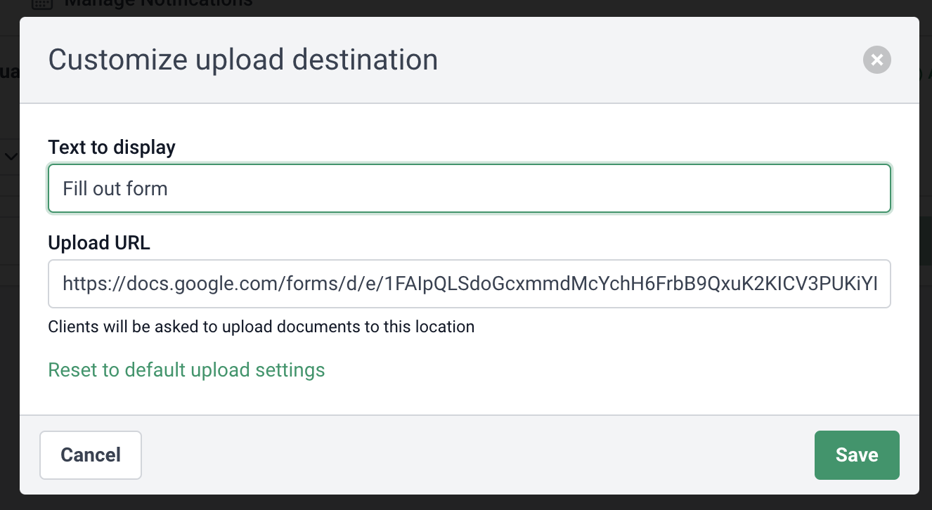 snapshot showing how to modify upload destination to a Google form link