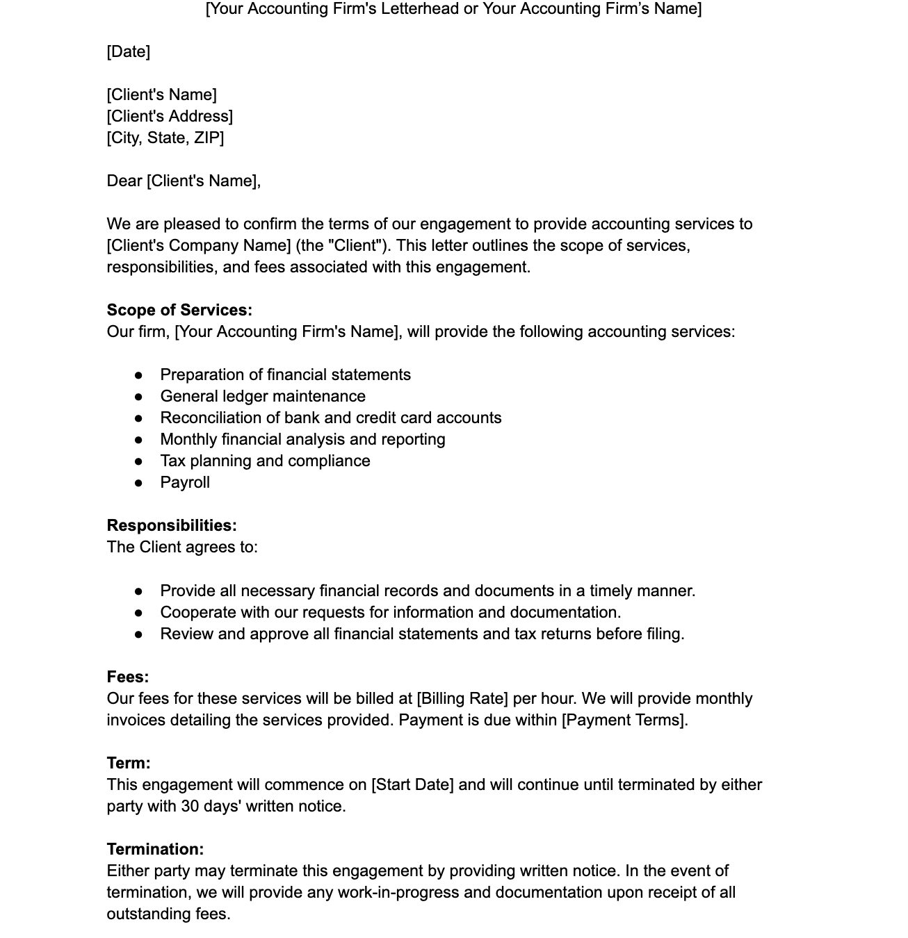 a sample of an accounting engagement letter