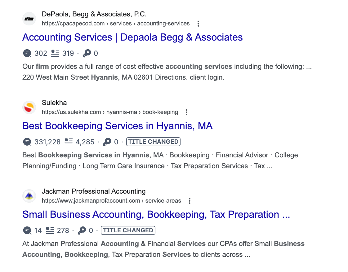 screenshot showing search results for bookkeeping firms in hyannis
