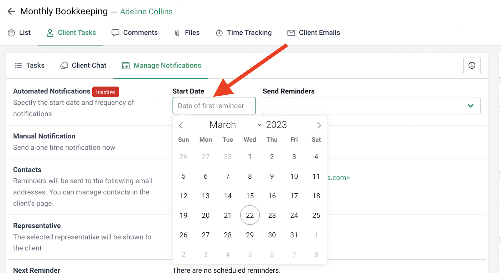 choose a date to send automated reminders for client tasks