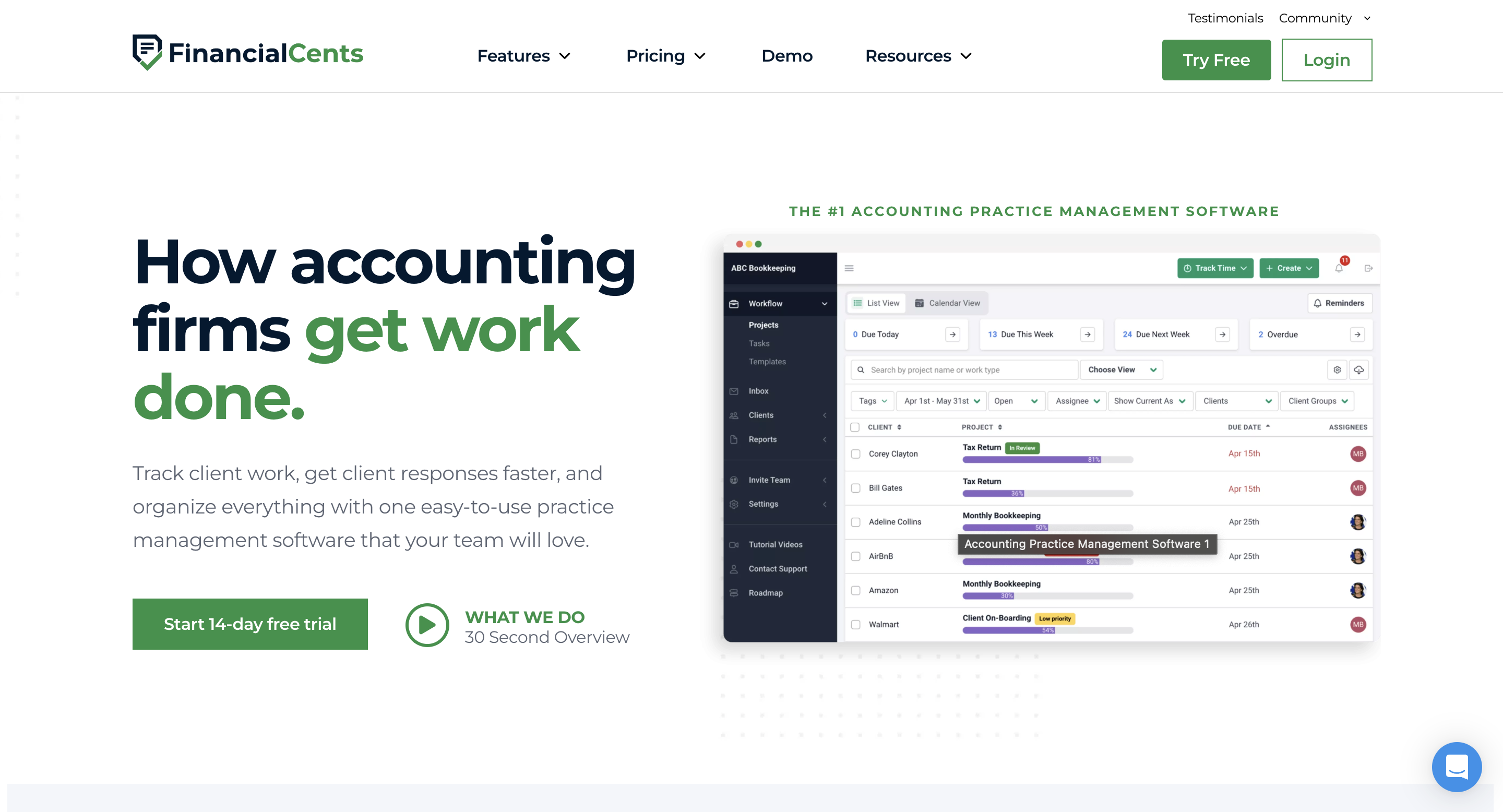 A snapshot of Financial Cents accounting project management software homepage