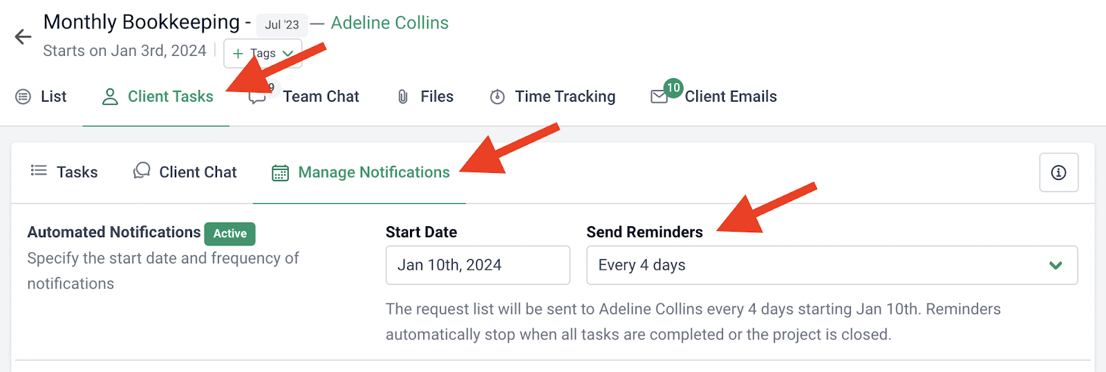 setting up reminders for client tasks