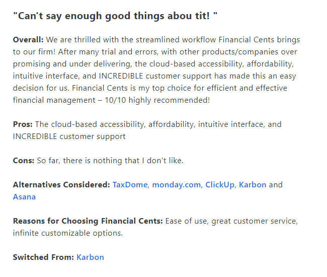 Financial Cents review from user who switched from Karbon