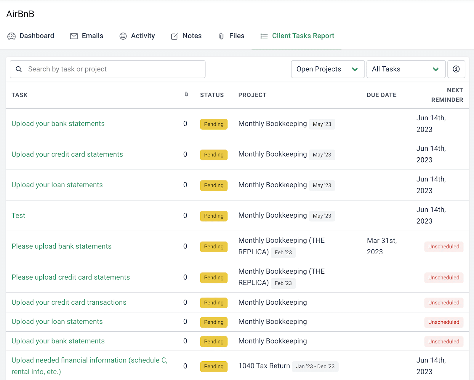 accounting crm dashboard with client information