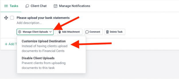 customize the destination to receive clients document on Financial Cents