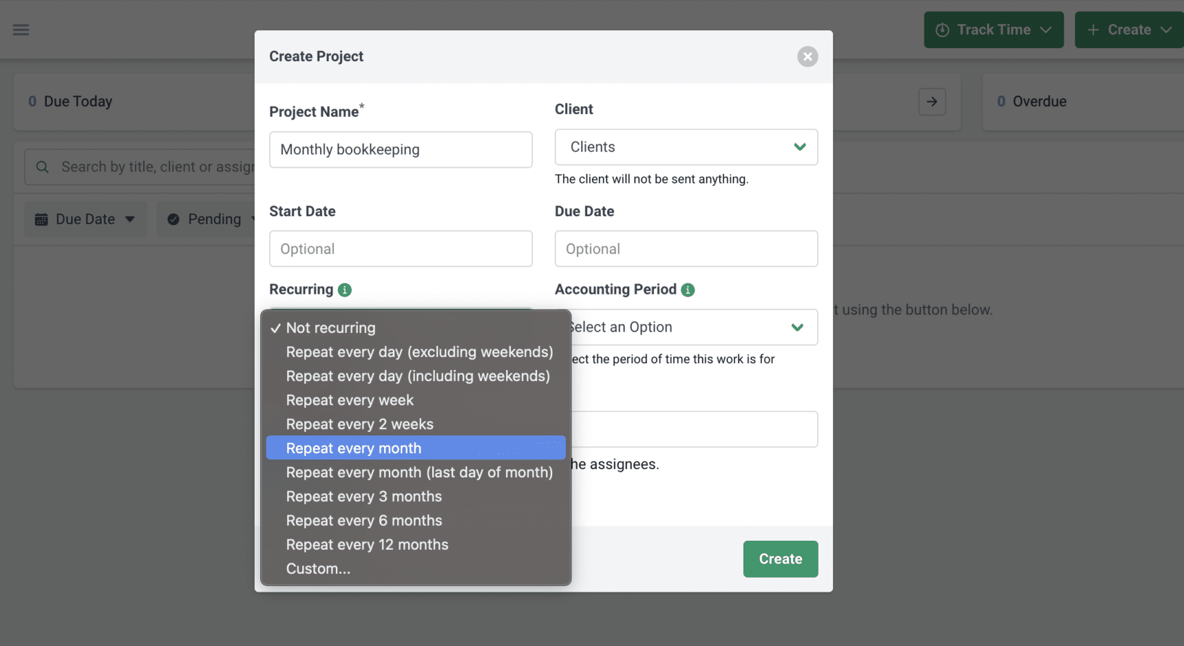 recurring task feature in financial cents accounting workflow software