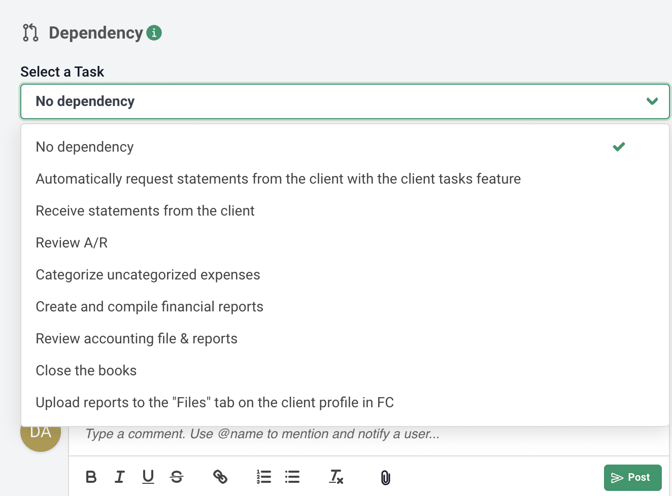 setting up task dependency on your accounting workflow software