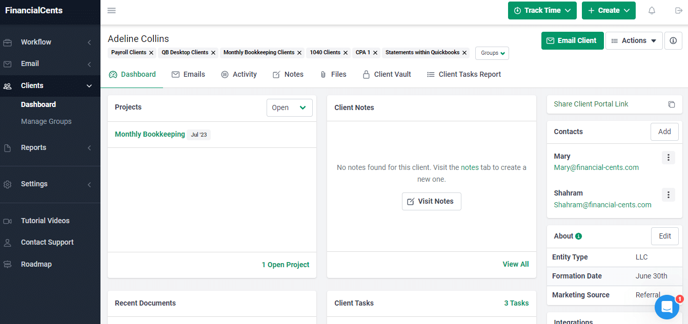 sample of an accounting crm dashboard ftom finnacial cents