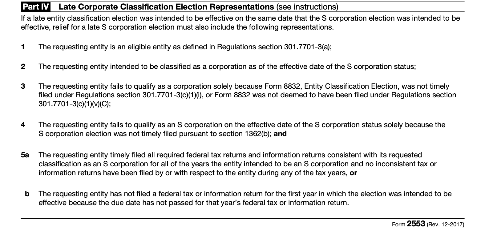 form 2553 instructions for late corporation classification election representations - Part IV