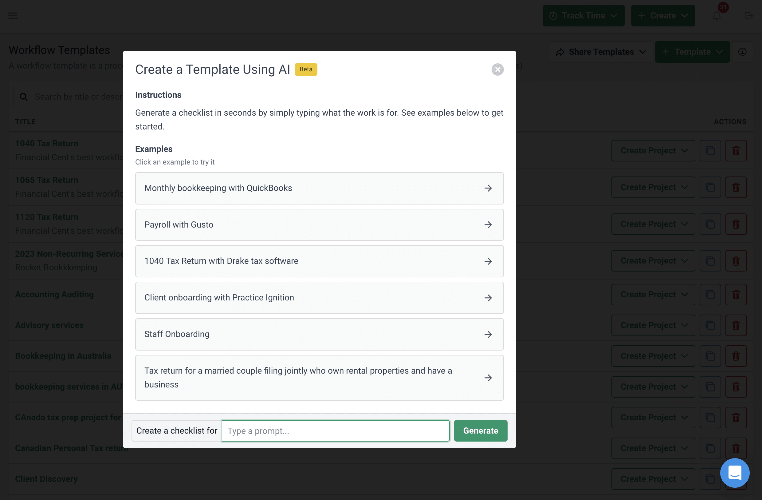 screenshot of using AI to create workflow templates in seconds in Financial Cents