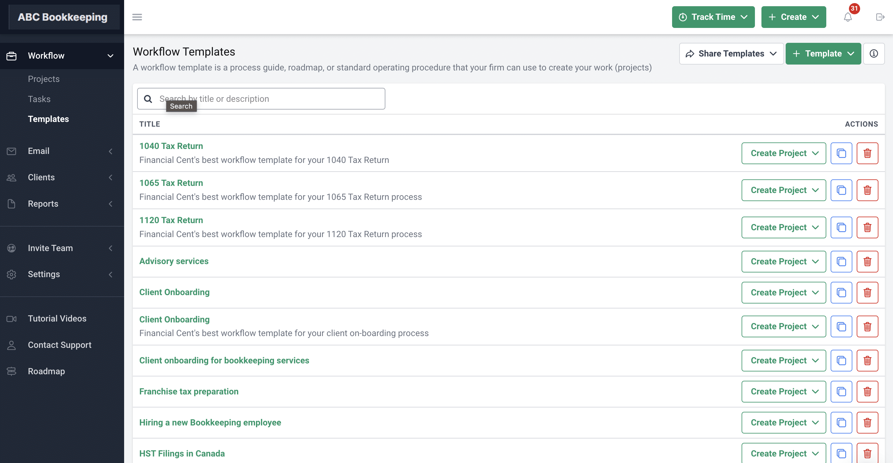 snapshot of workflow templates in Financial Cents