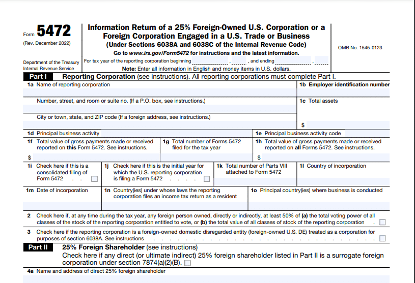 snapshot of IRS form 5472