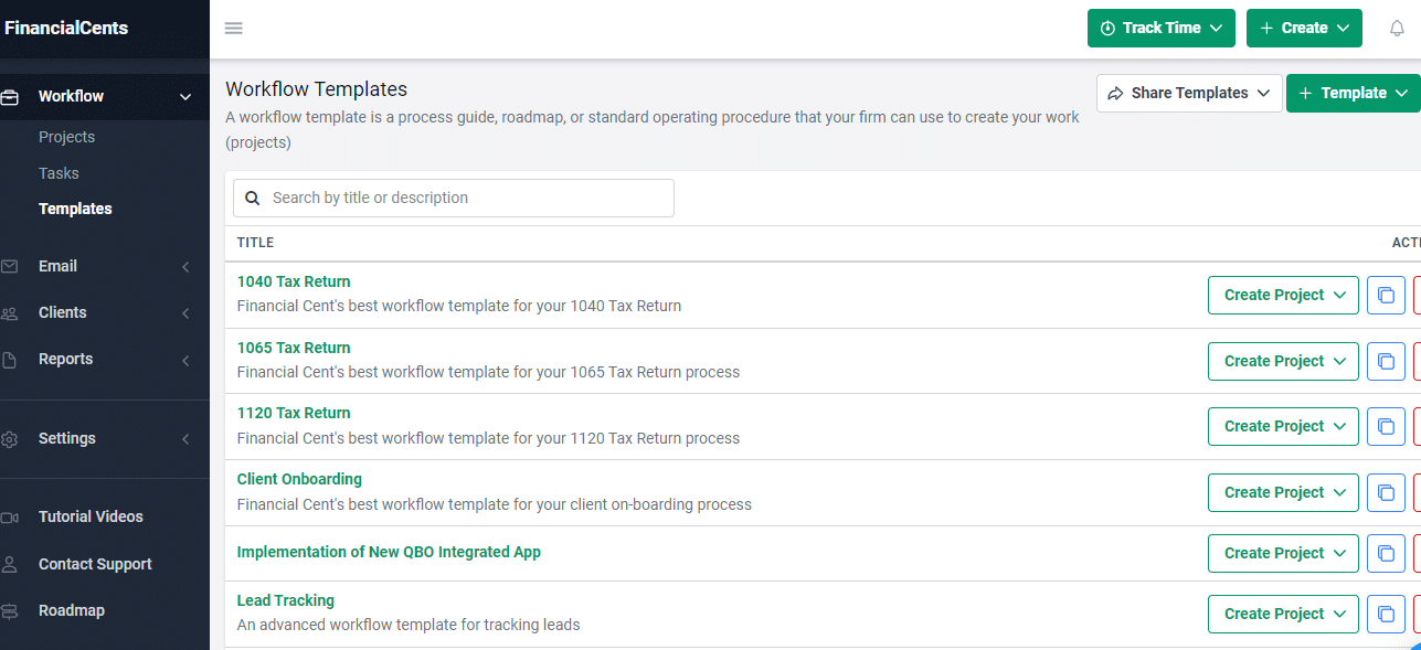 screenshot of inbuilt workflow templates in Financial cents