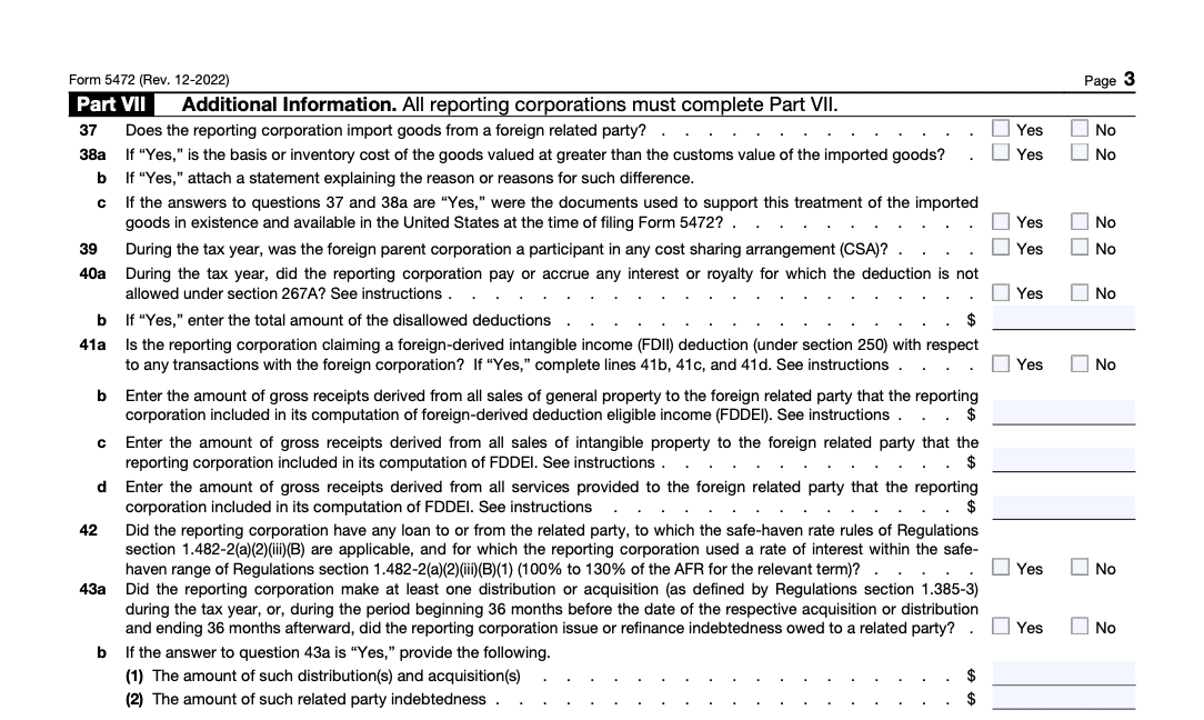 Part VII Form 5472 additional information instructions