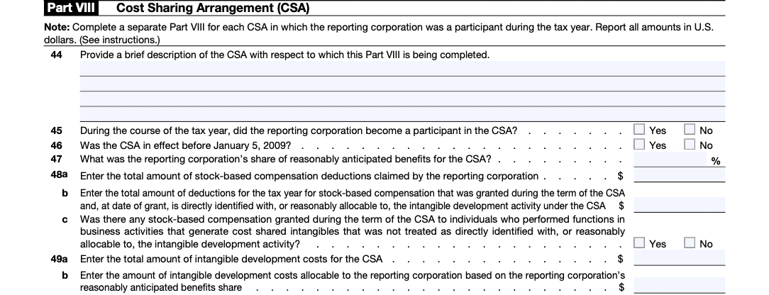 Part VIII Form 5472 Cost Sharing Agreement (CSA) instructions