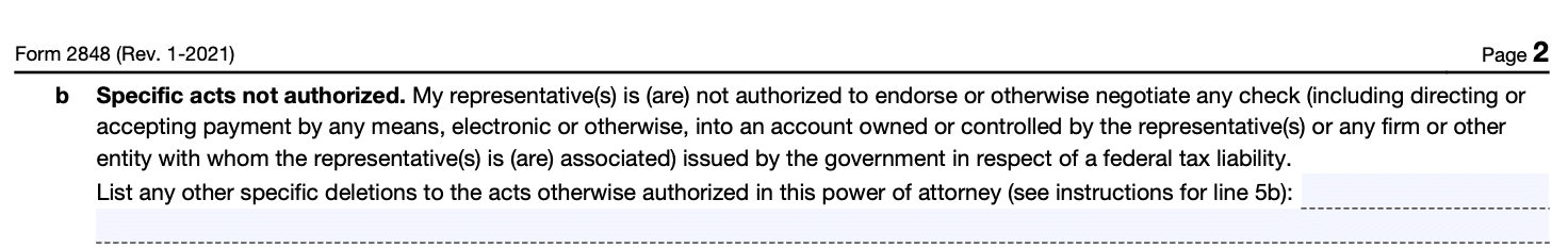 line 5b - specific acts not authorized instructions for IRS form 2848