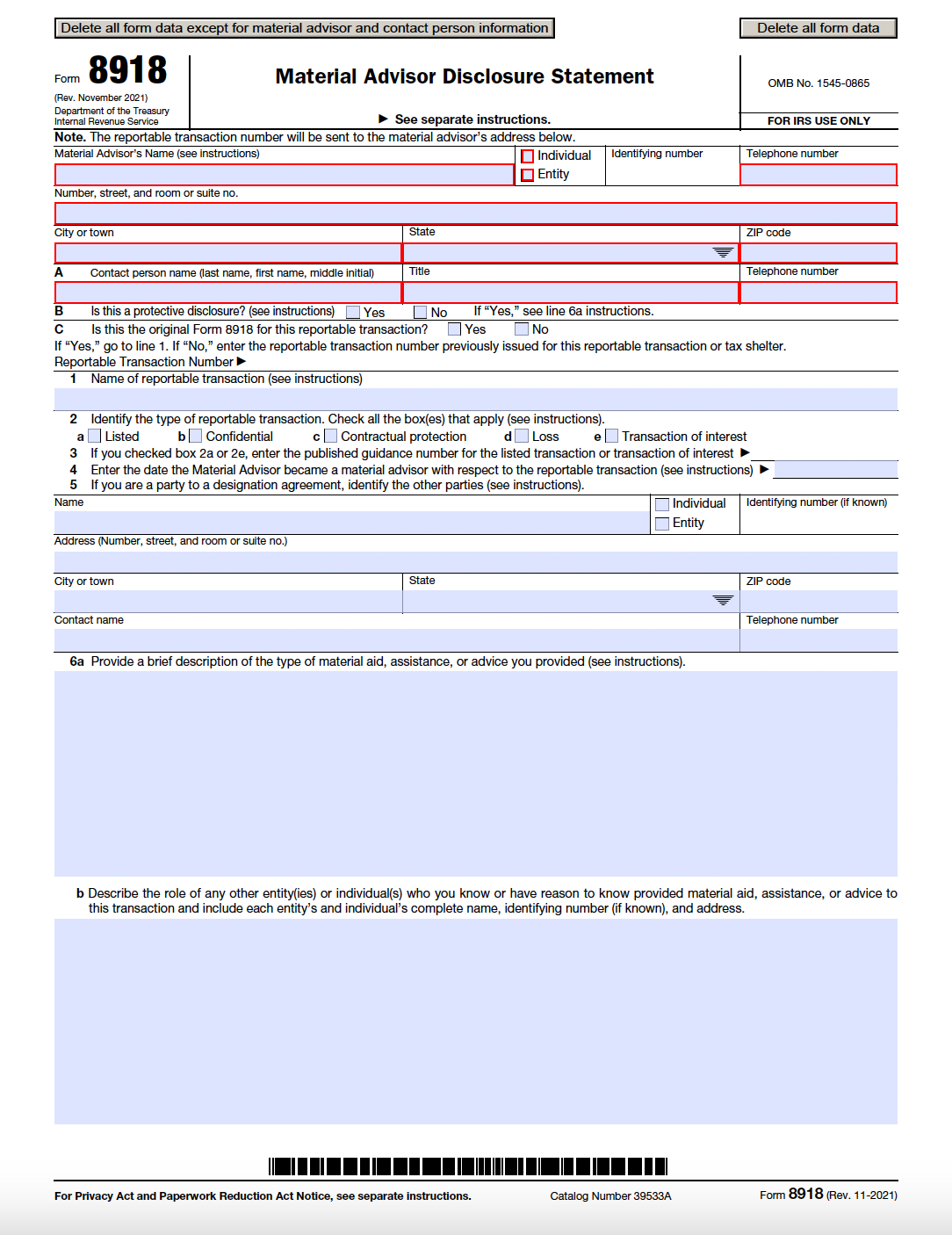 screenshot of form 8919 material advisor page 1