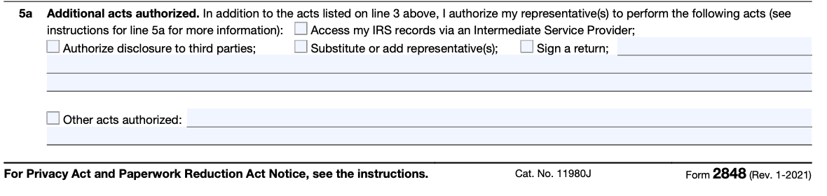 form 2848 power of attorney - line 5a additional acts authorized instructions 