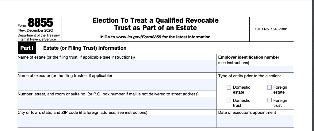 snapshot of form 8855 Part I