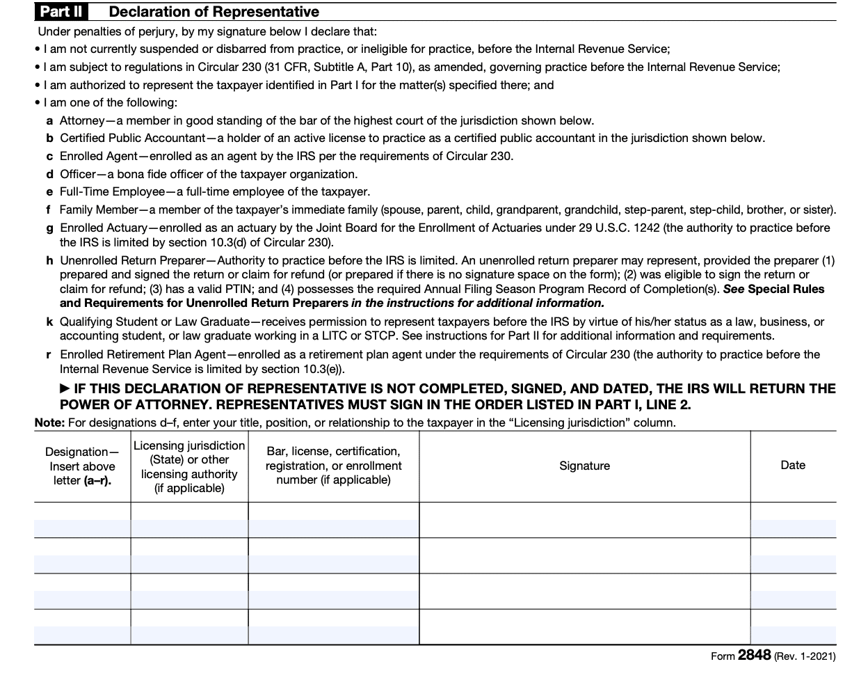 form 2848 - Part II: declaration of representative instructions