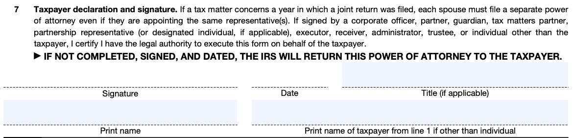 line 7 - tax declaration and signature form 2848 instructions