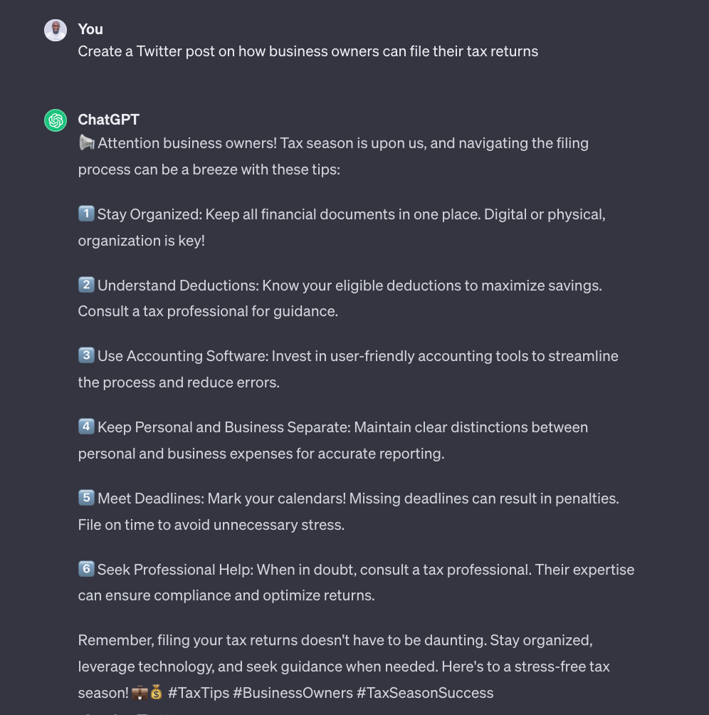 Screenshot of ChatGPT creating a twitter post after entering a prompt