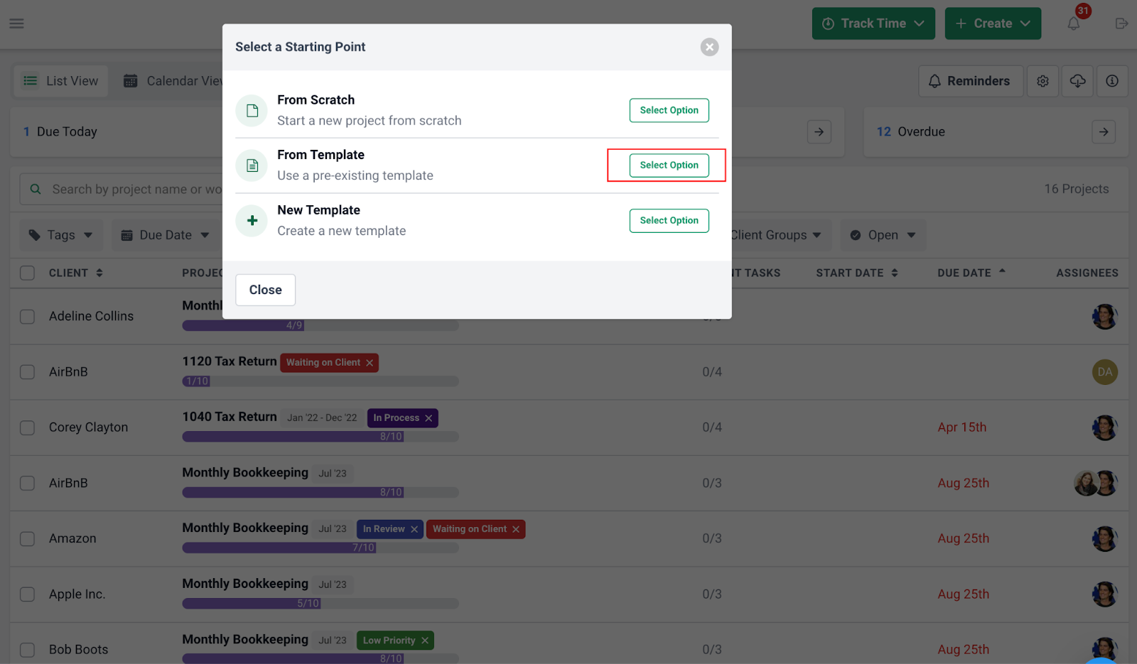 starting a tax preparation workflow automation by using a workflow template