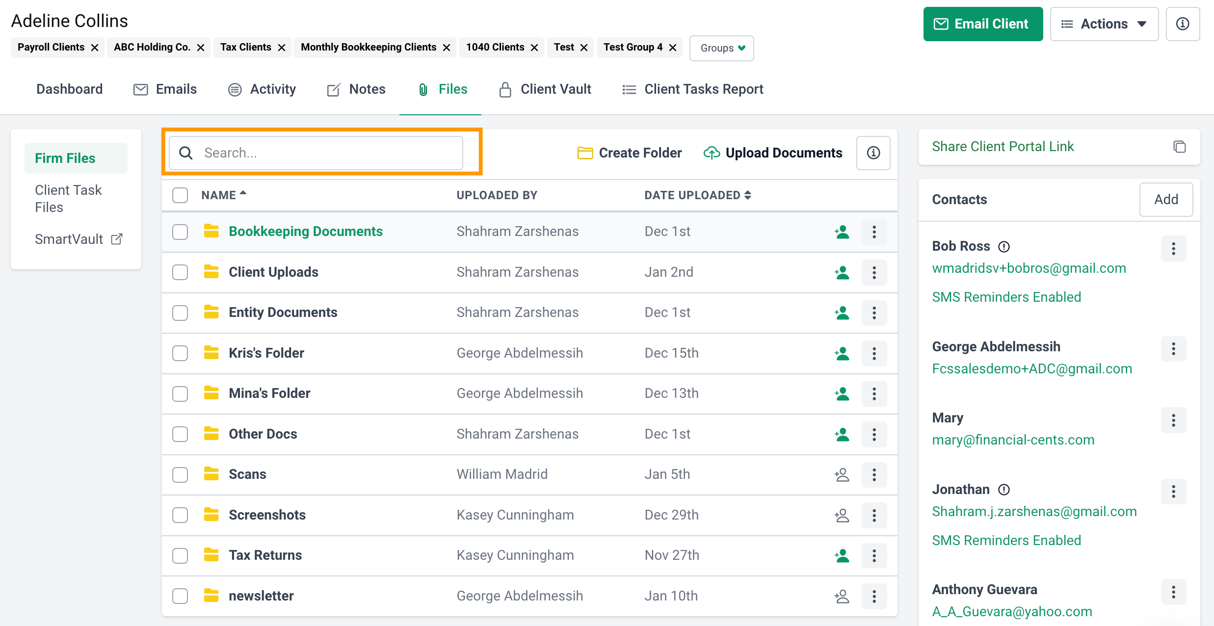 search functionality in Financial Cents document management software for accountants