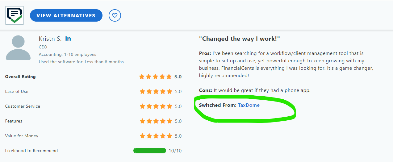 Kristin's customer review for taxdome alternatives