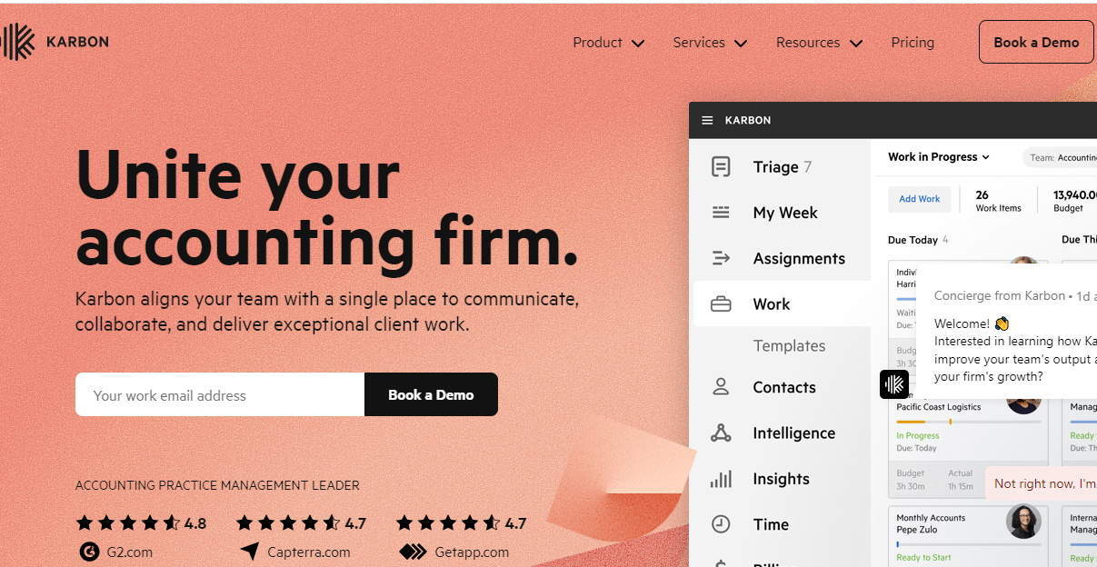 karbon's practice management tool homepage