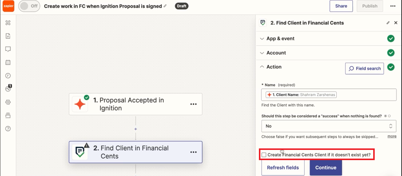 check the box create client ignition client in Financial Cents if it doesn't exist