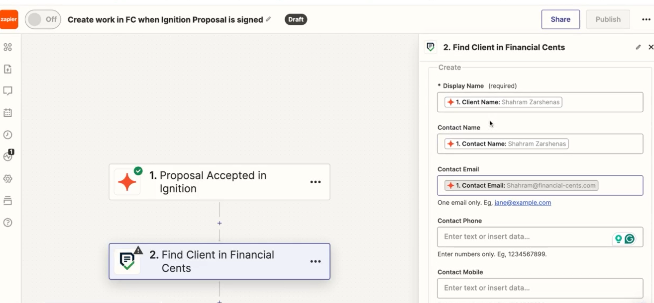 select the information you want to pull from Ignition to Fansncial Cents