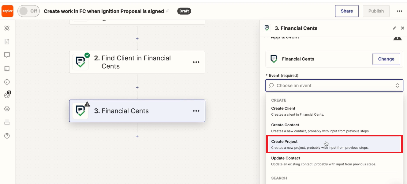 select create a project in Financial Cents