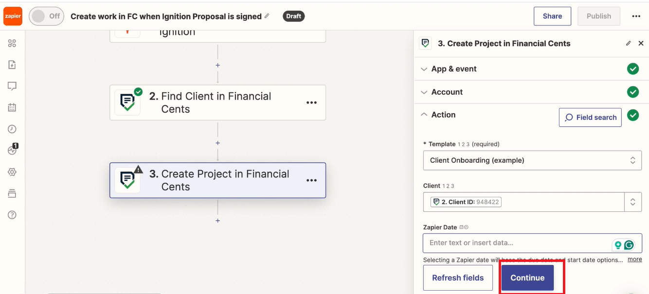 continue the zap after setting up template on Financial Cents