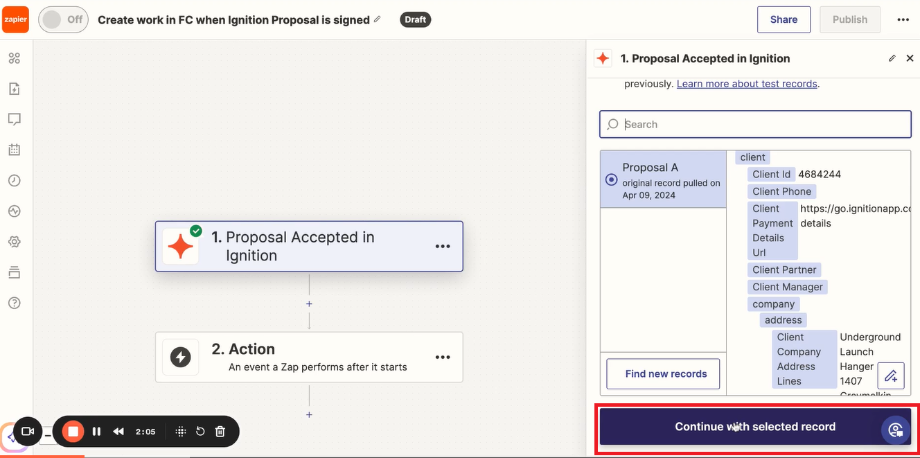 continue with selected ignition record