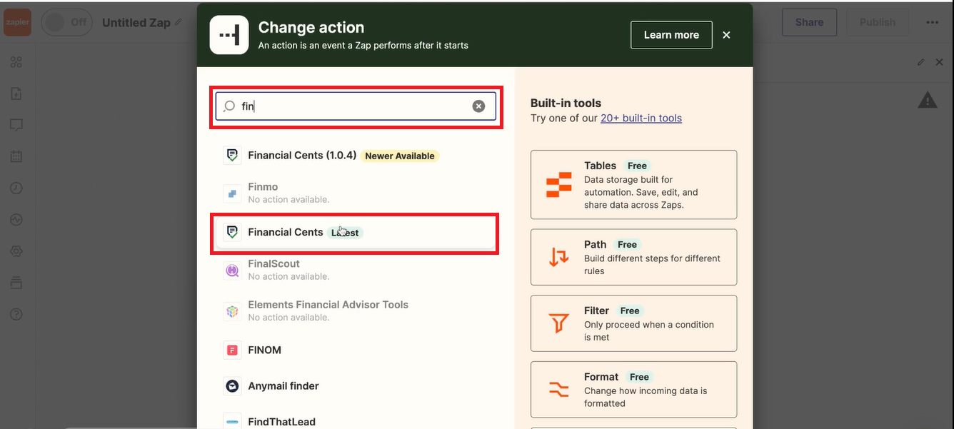 search for financial cents in the action section