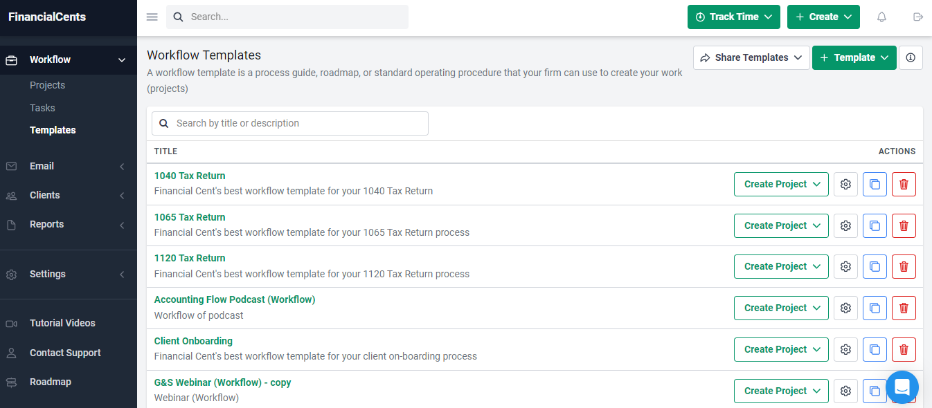 workflow templates library in Financial Cents