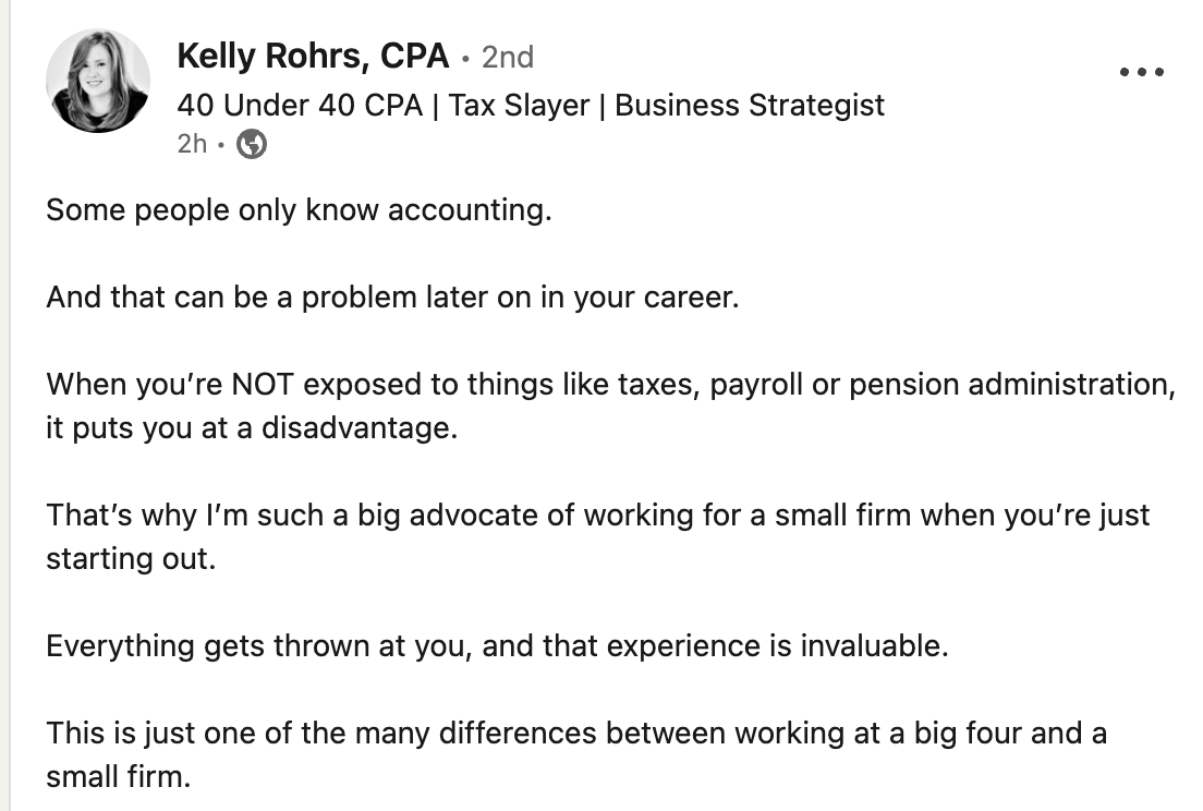 Kelly's linkedin post