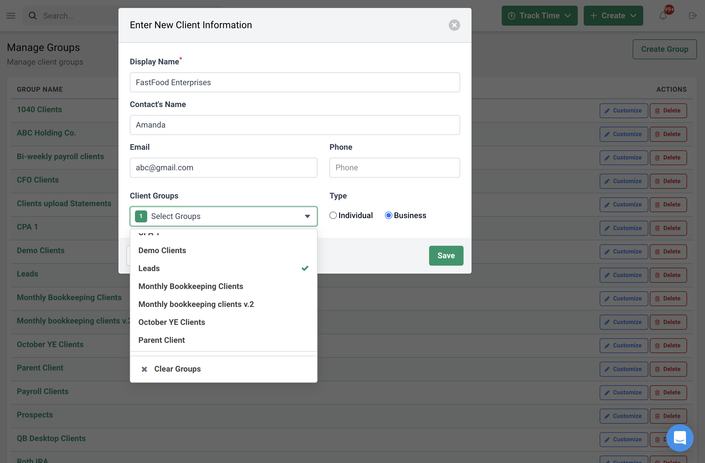 manually adding a prospect as a client in Financial Cents