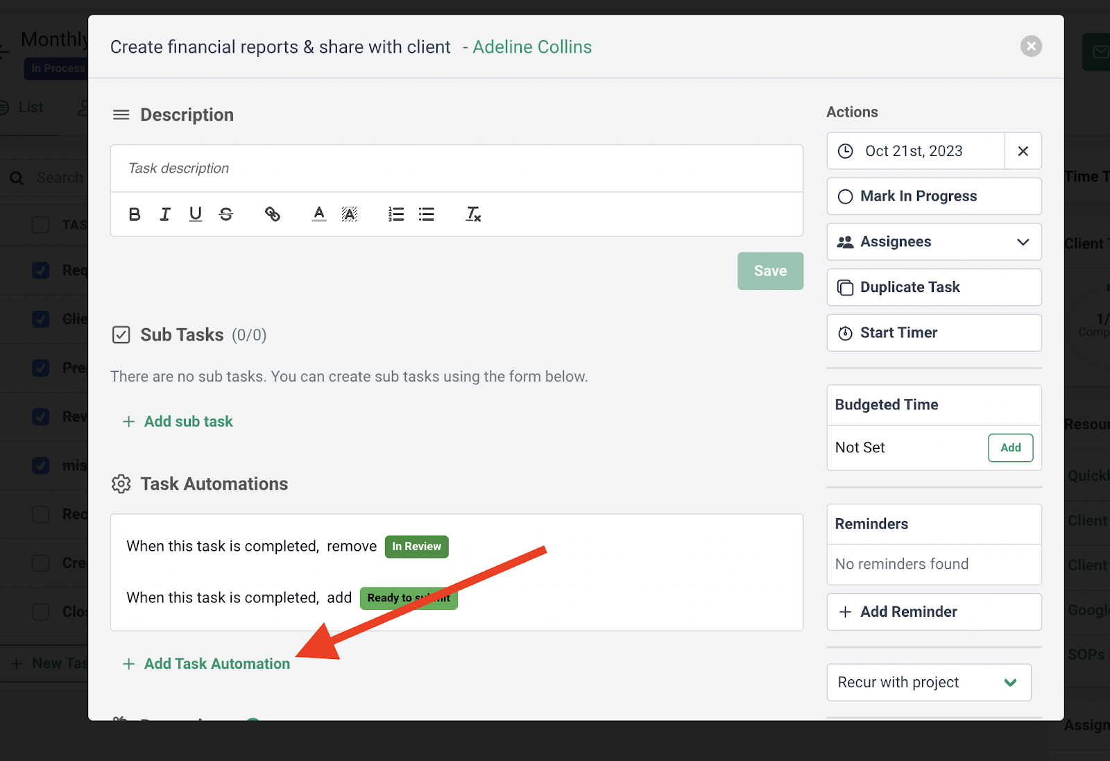 creating task automation in Financial Cents for client onboarding