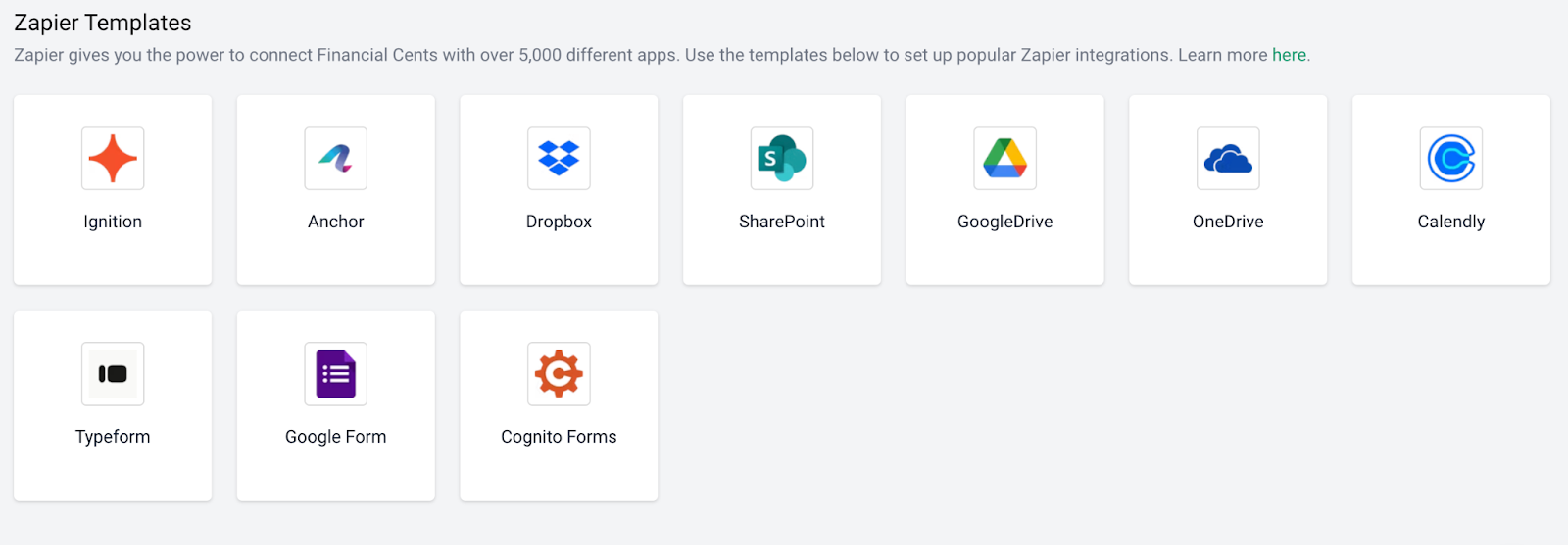 zapier integration templates in Financial Cents