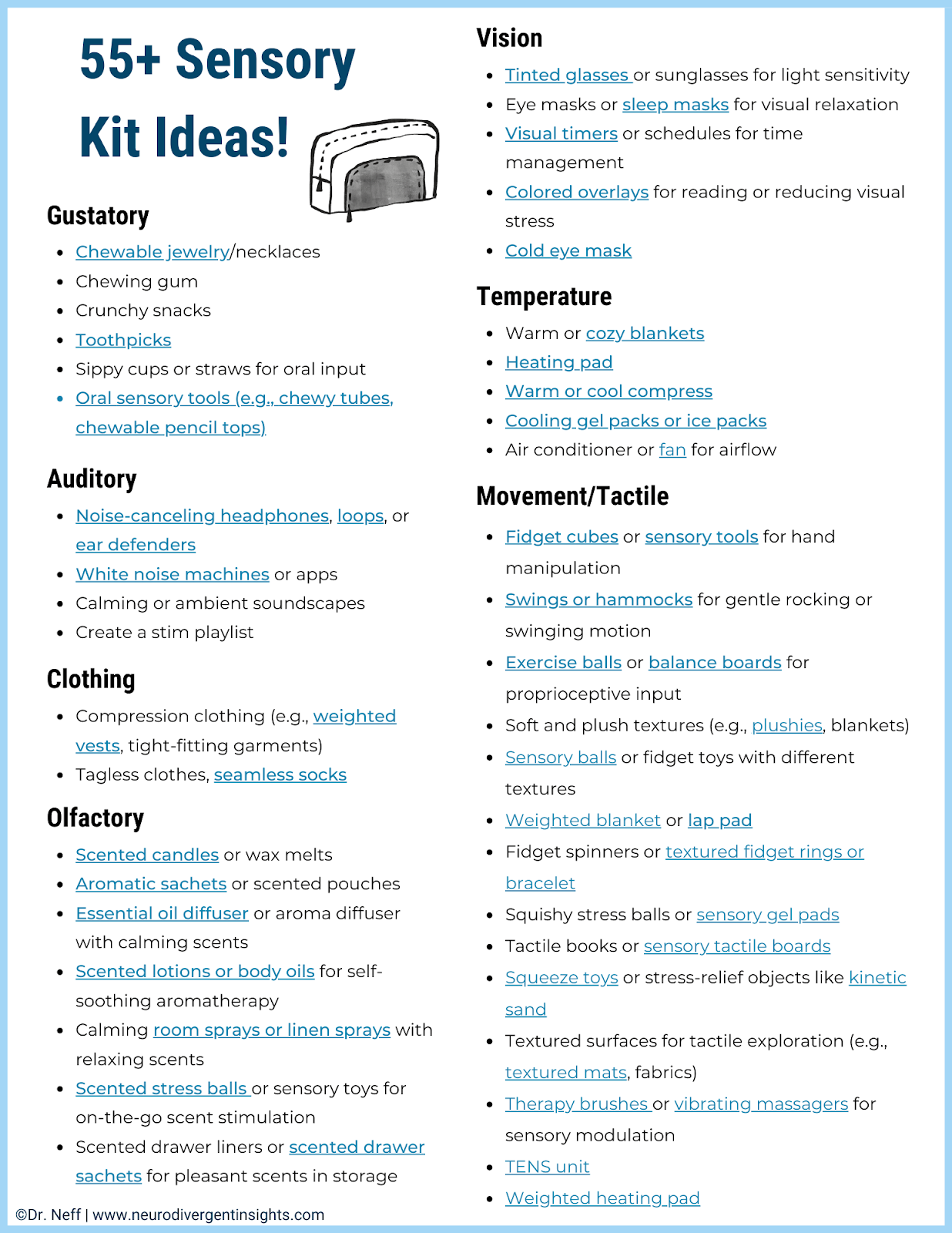 Dr Neff's sensory kit ideas for ADHD