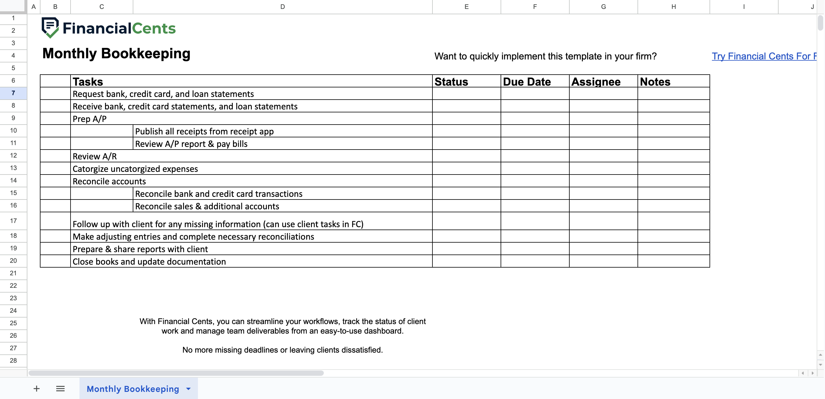 monthly bookkeeping checklist spreadsheet