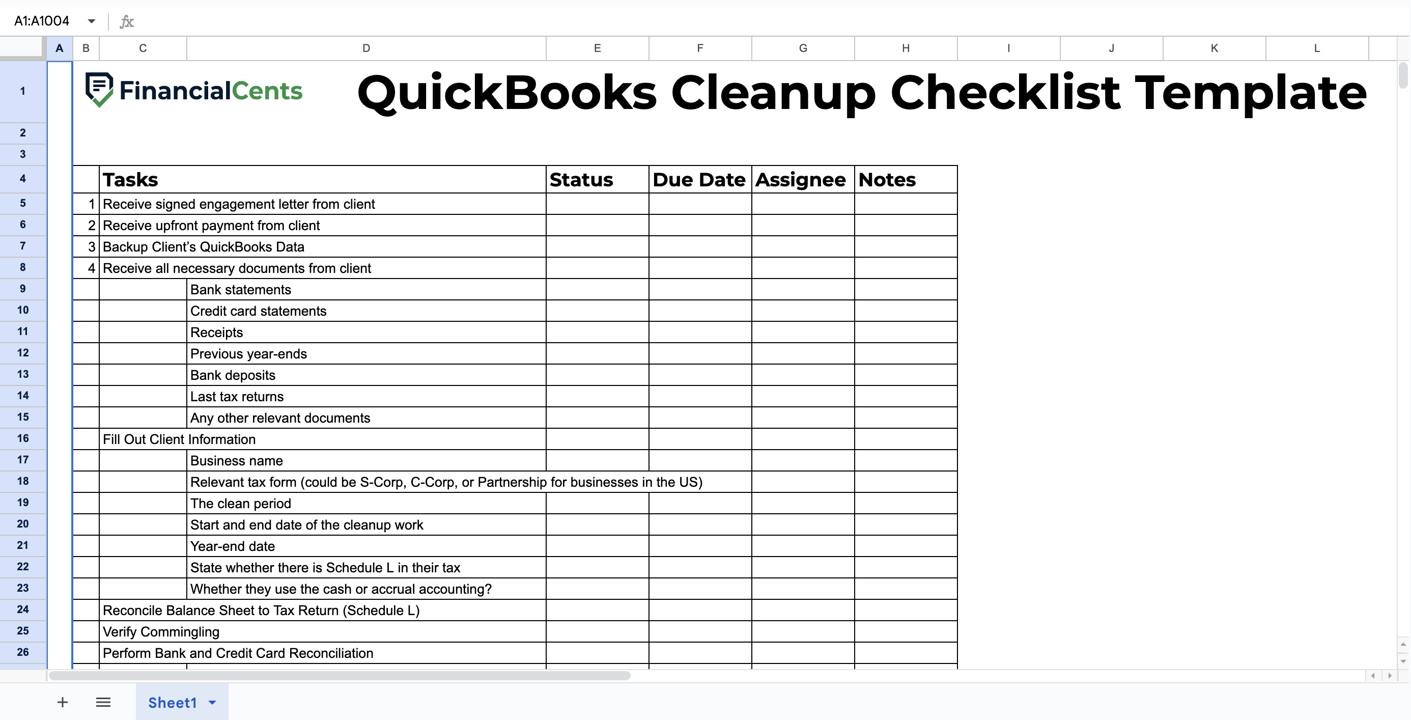 quickbooks cleanup checklist spreadsheet