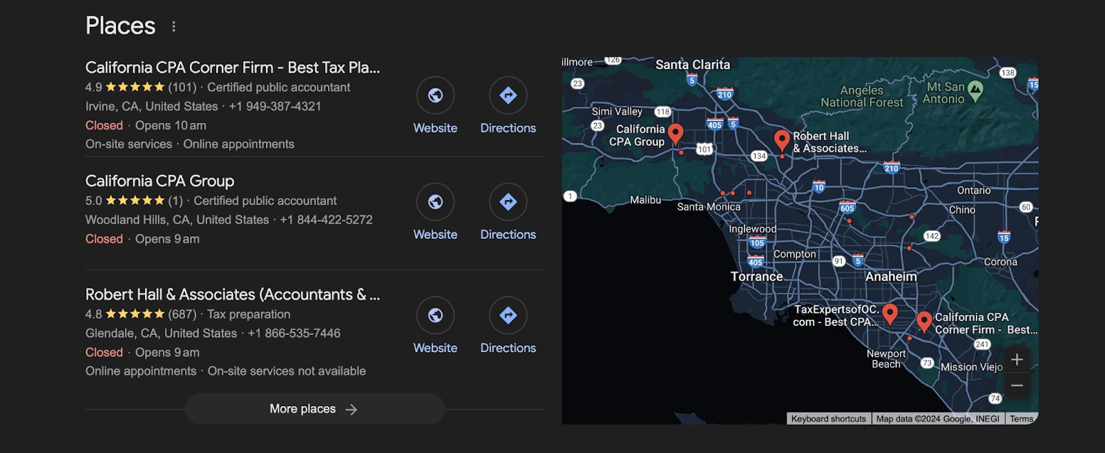 Google places search results for tax firms in california