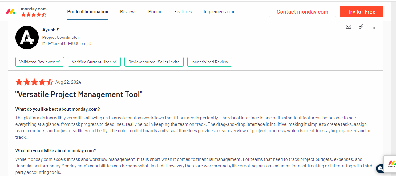 Ayush's review for monday.com
