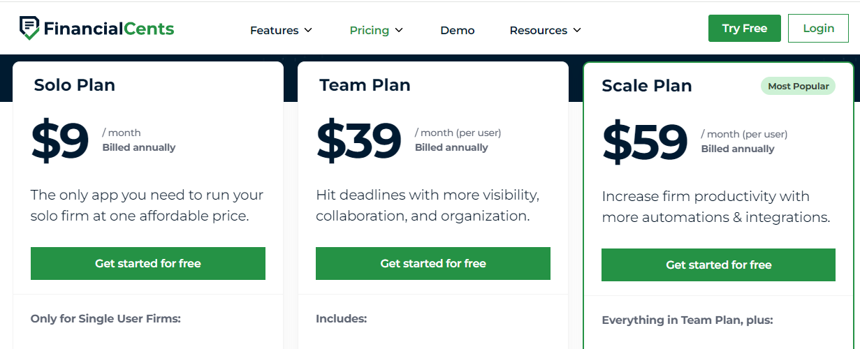 Financial Cents pricing page