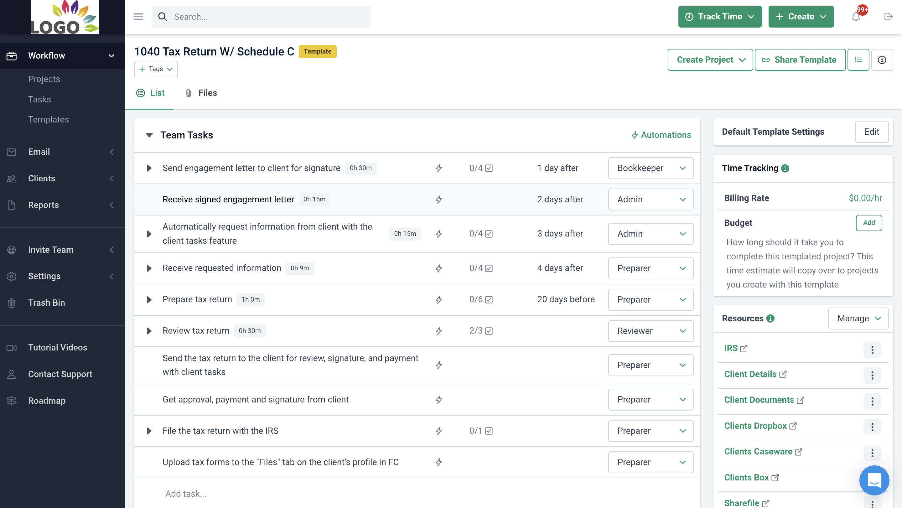 prebuilt automation for workflow templates in Financial Cents